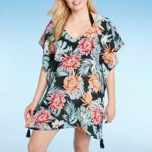 Kona Sol | Tropical Floral Print Poncho Kaftan Tassel Swim Suit Cover Up (S)